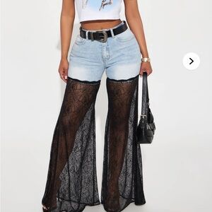 Fashion Nova Light Blue and Black Lace Flare Jeans